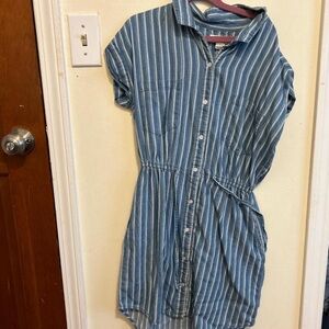 White and Blue Striped Button-Up Collared Dress with Pockets
